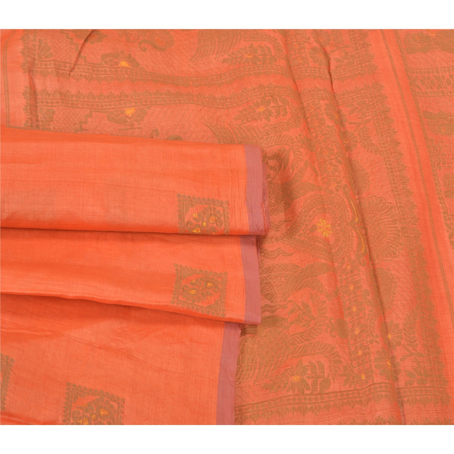 Sanskriti Vintage Orange Sarees 100% Pure Silk Woven Baluchari Sari Craft Sustainable Fabric