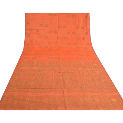 Sanskriti Vintage Orange Sarees 100% Pure Silk Woven Baluchari Sari Craft Sustainable Fabric