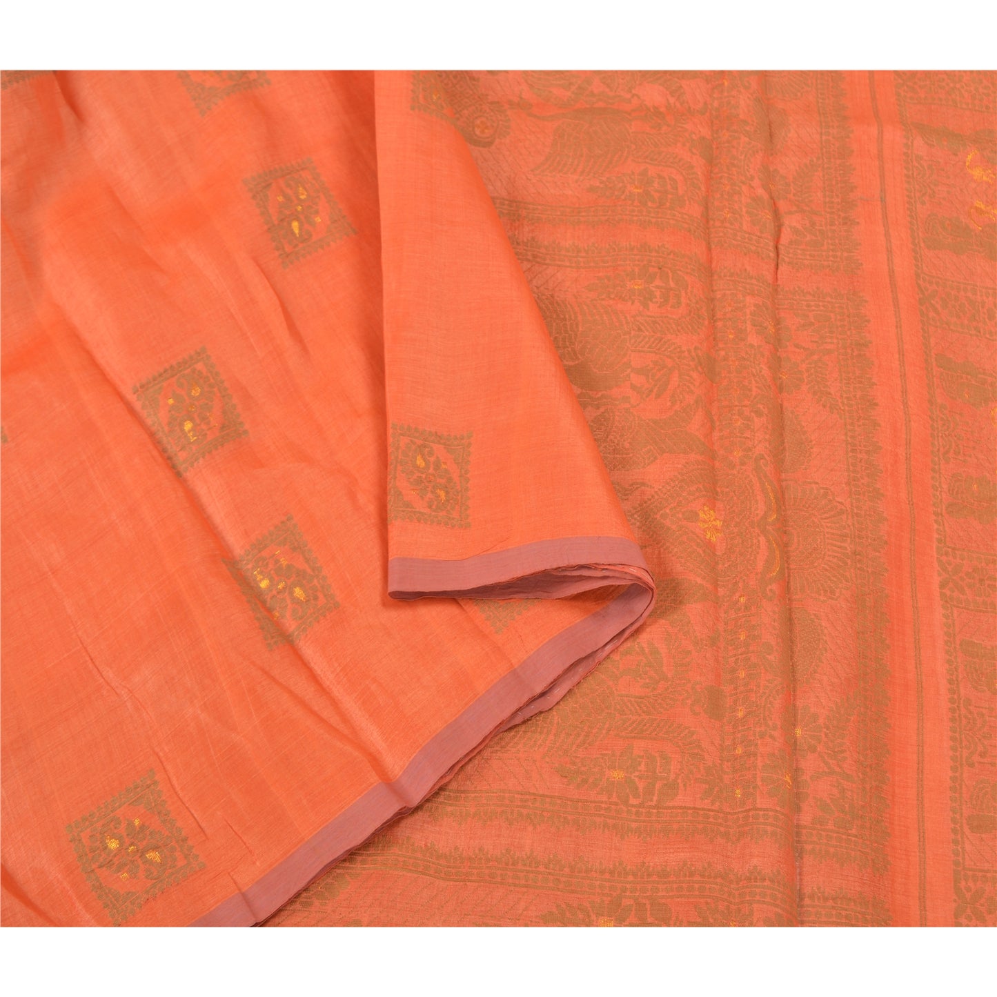 Sanskriti Vintage Orange Sarees 100% Pure Silk Woven Baluchari Sari Craft Sustainable Fabric