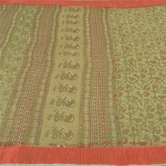 Sanskriti Vintage Green Indian Sarees Cotton Woven Kota Doria Sari Craft Sustainable Fabric