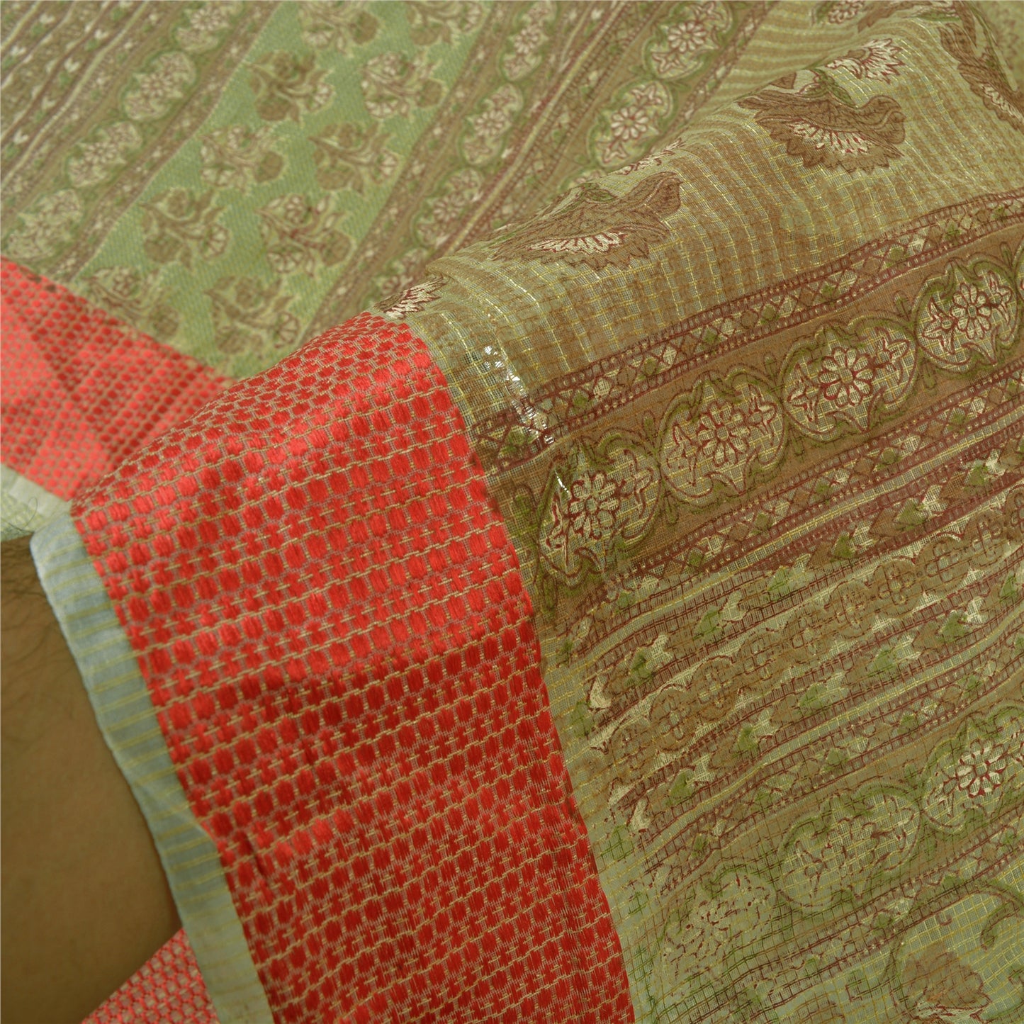 Санскритские винтажные зеленые индийские сари из хлопка, тканые Кота Дориа Сари, ремесленная устойчивая ткань