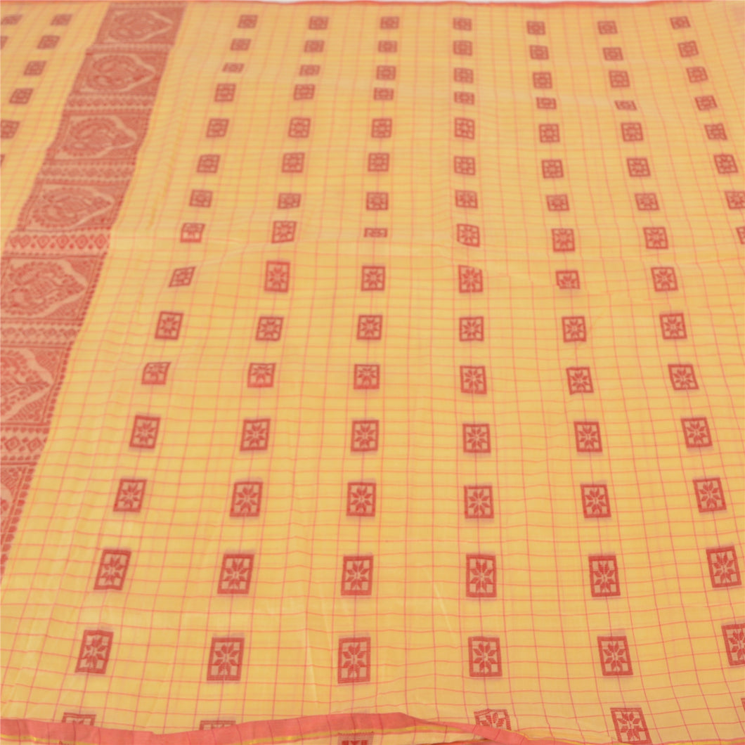 Sanskriti Vintage Cream Sarees Blend Silk Hand-Woven Sari Craft 5 Yard Fabric