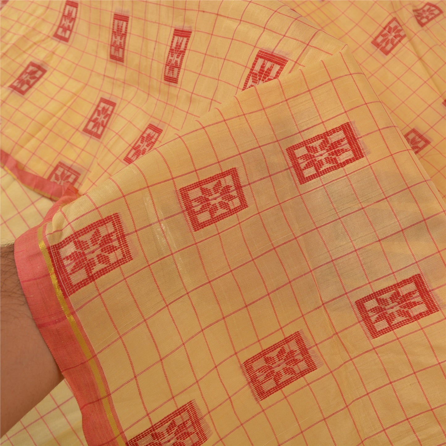 Sanskriti Vintage Cream Sarees Blend Silk Hand-Woven Sari Craft 5 Yard Sustainable Fabric