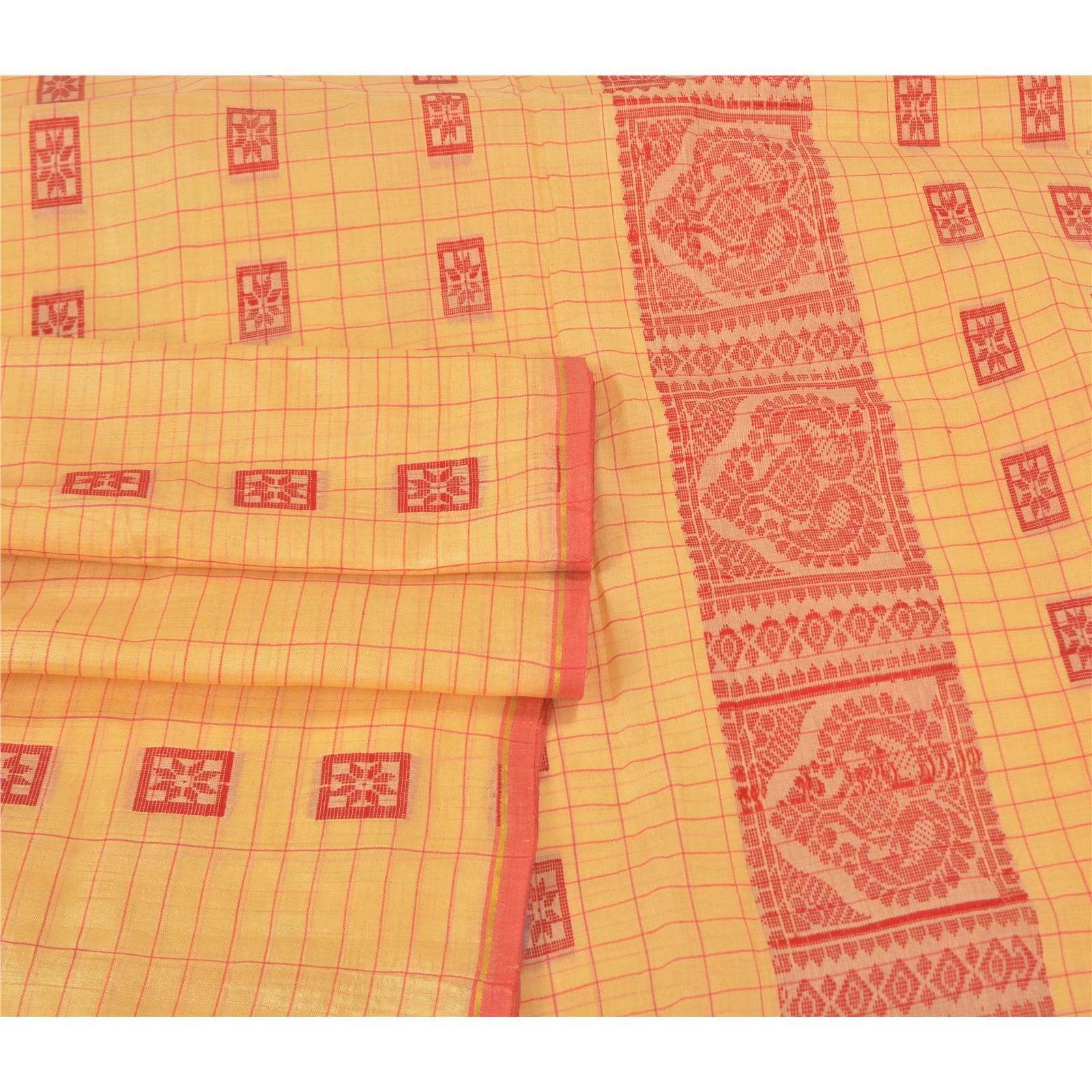 Sanskriti Vintage Creme Sarier Blandet Silke Håndvævet Sari Håndværk 5 Yard Bæredygtigt Stof