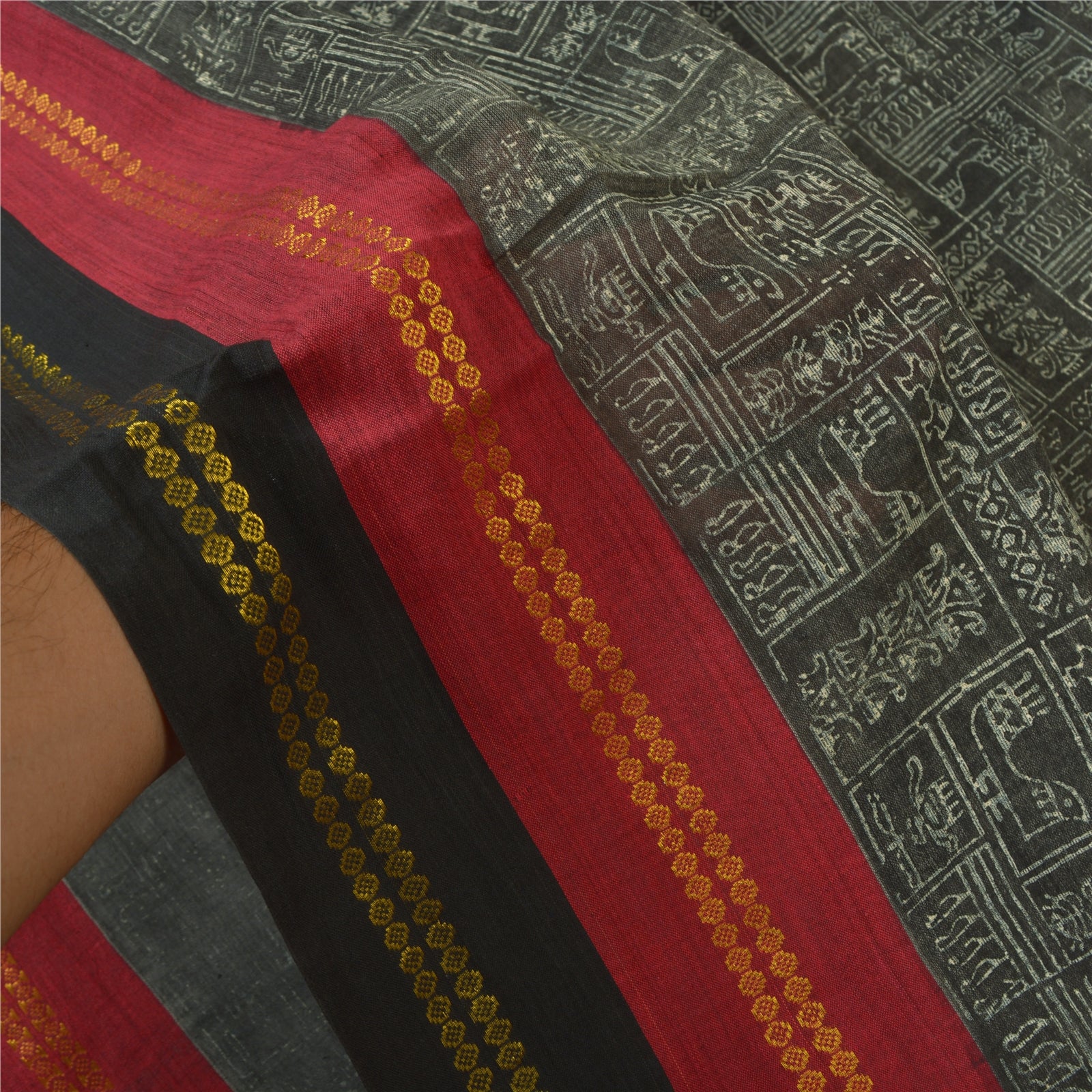 Sanskriti Vintage Black Sarees Pure Cotton Hand Block Print Premium Sari Sustainable Fabric