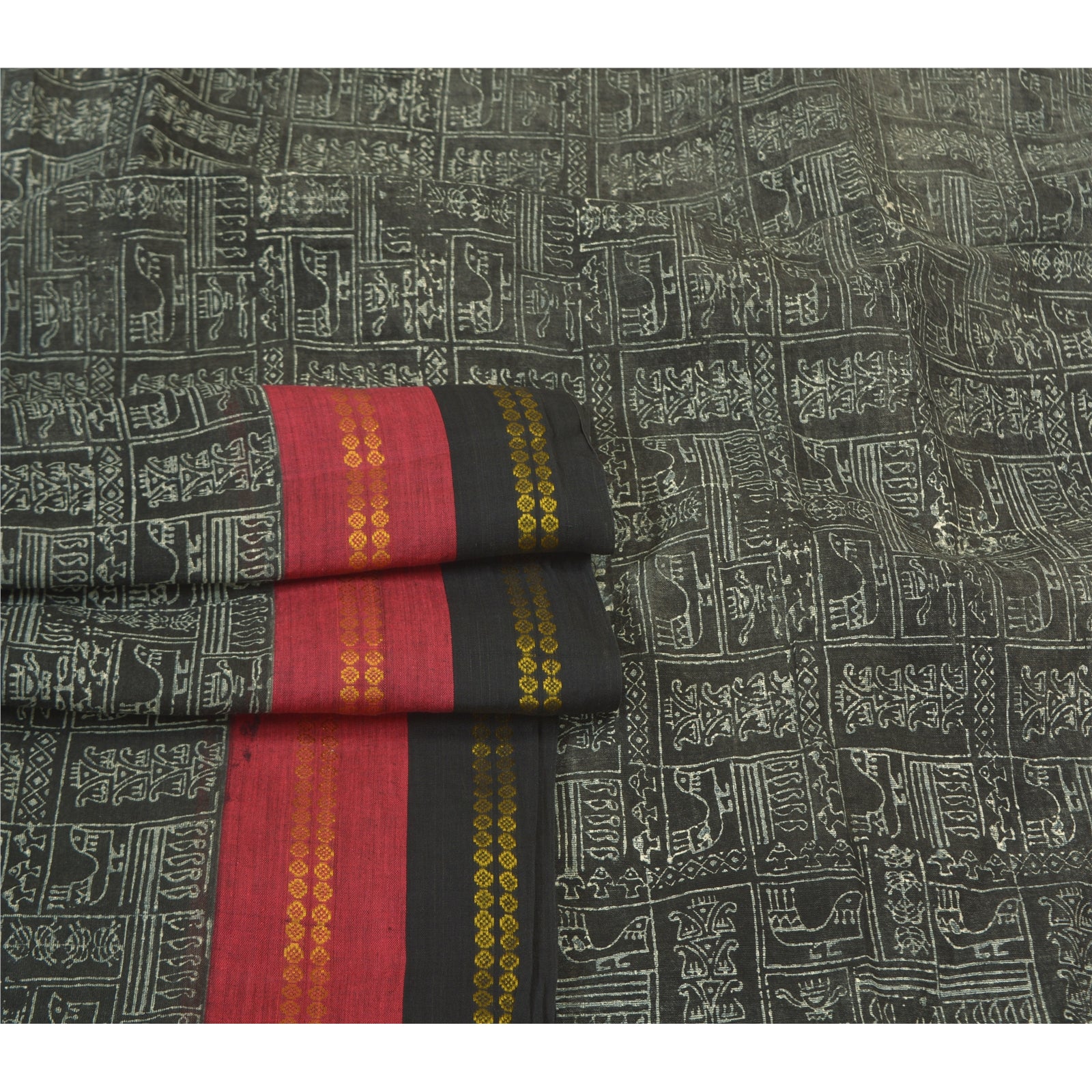 Sanskriti Vintage Black Sarees Pure Cotton Hand Block Print Premium Sari Sustainable Fabric