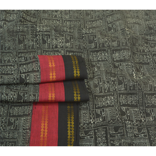 Sanskriti Vintage Black Sarees Pure Cotton Hand Block Print Premium Sari Sustainable Fabric