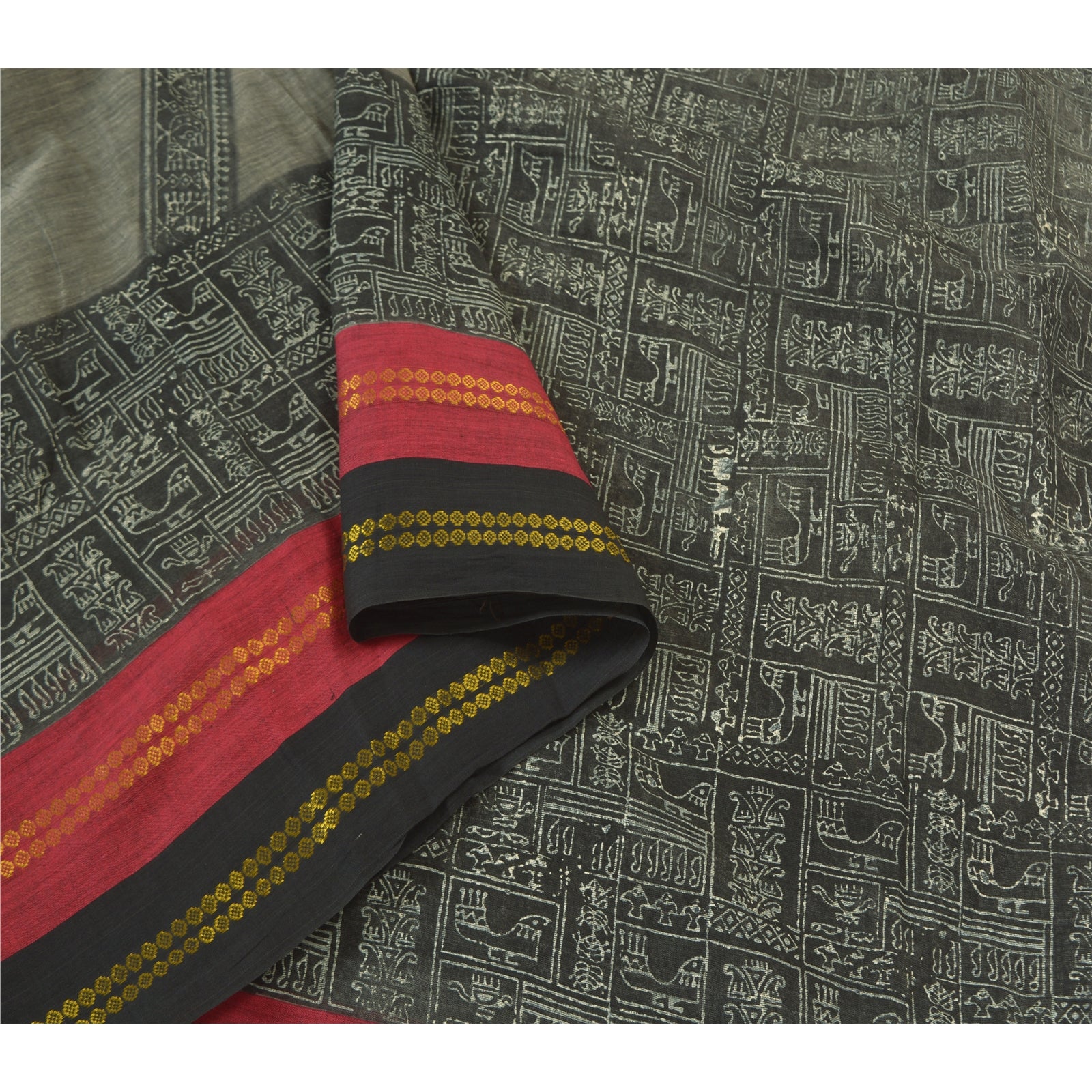 Sanskriti Vintage Black Sarees Pure Cotton Hand Block Print Premium Sari Sustainable Fabric