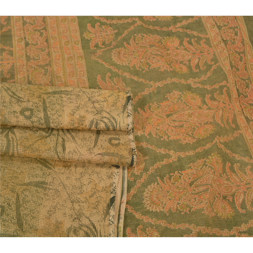 Sanskriti Vintage Green Indian Sarees Cotton Silk Printed Woven Kota Sari Sustainable Fabric