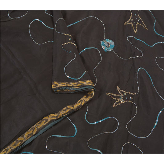 Sanskriti Vintage Black Sarees 100% Pure Georgette Silk Hand Beaded Sari Sustainable Fabric