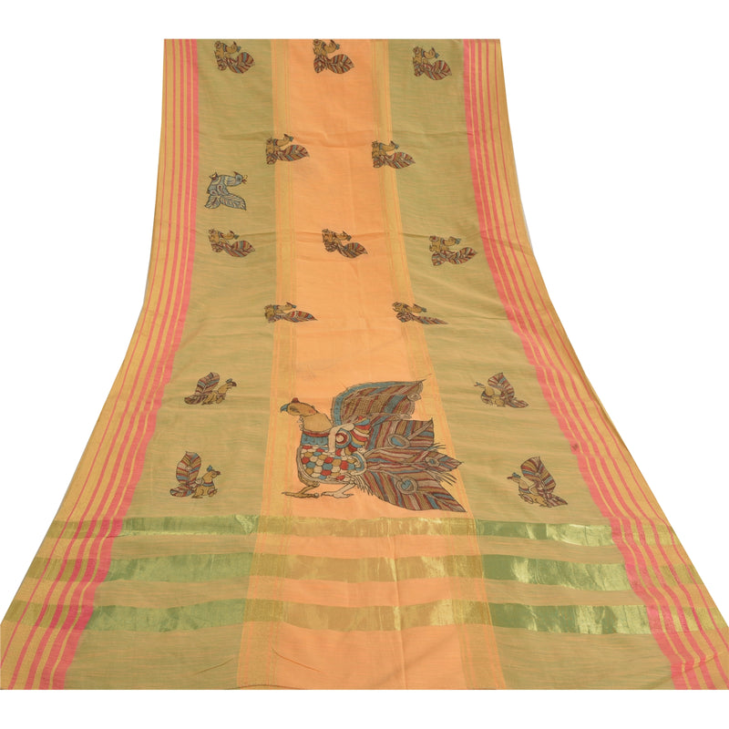 Sanskriti Vintage Peach Silk Sari: Woven Patchwork Fabric, Kalamkari Peacock Design Add-Elegance to Table Linen, Curtains, or Cushions