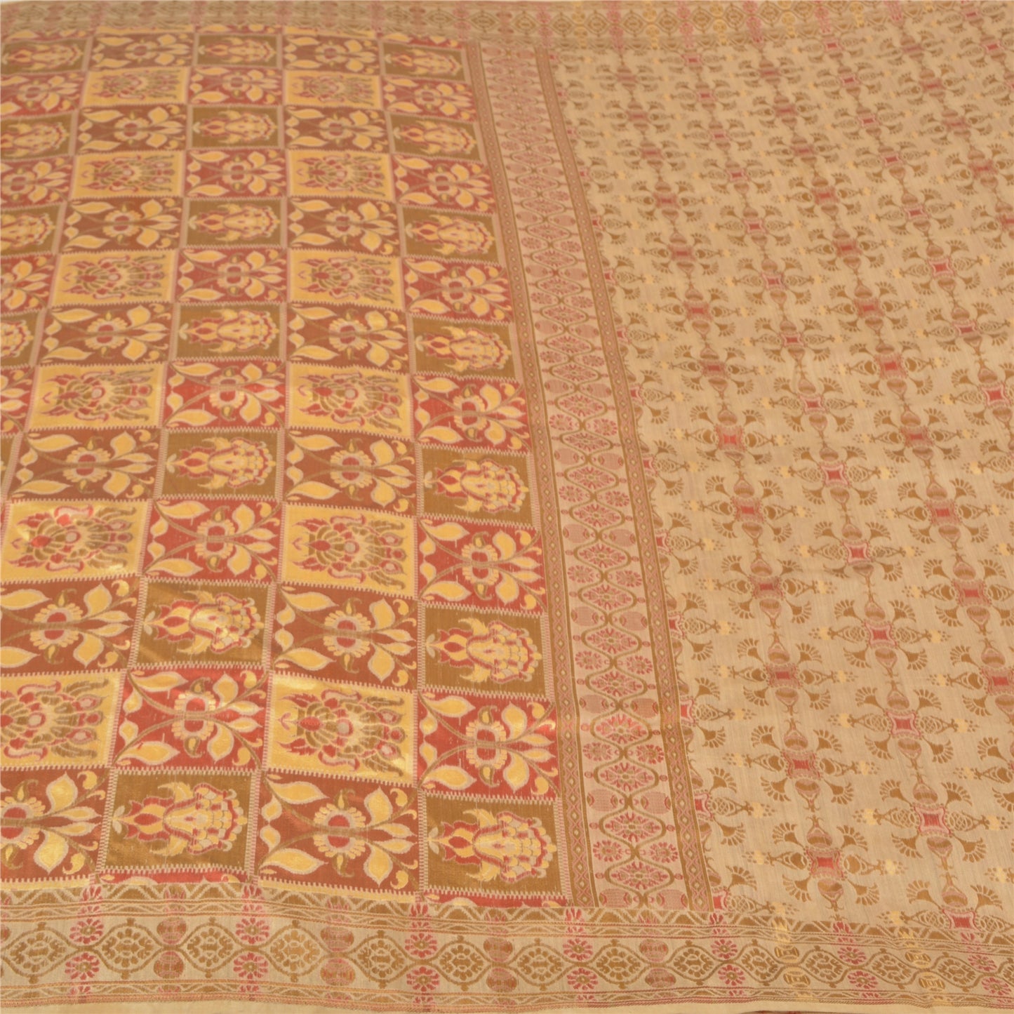 Sanskriti Vintage Cream Sarees 100% Pure Silk Woven Premium Sari Craft Sustainable Fabric