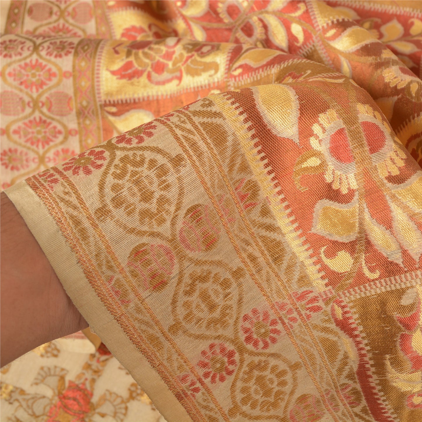 Sanskriti Vintage Cream Sarees 100% Pure Silk Woven Premium Sari Craft Sustainable Fabric