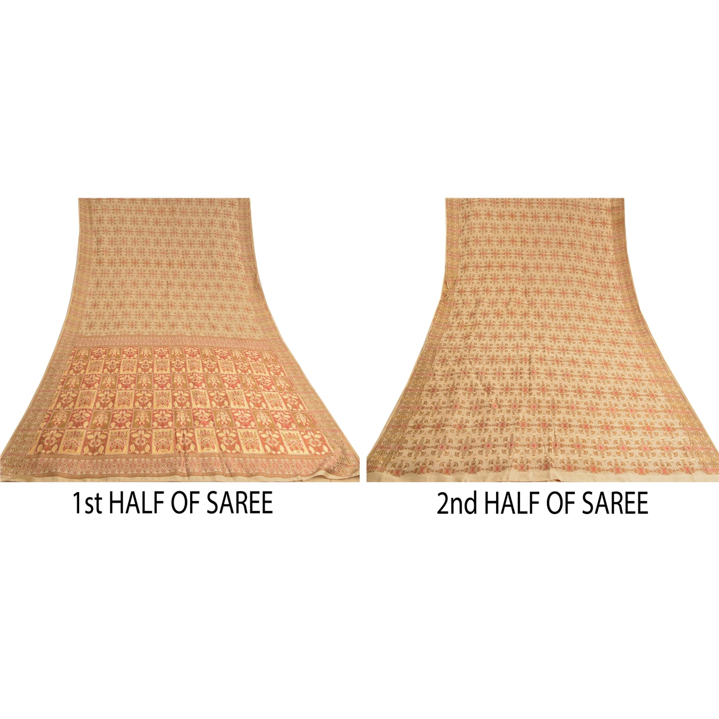 Sanskriti Vintage Cream Sarees 100% Pure Silk Woven Premium Sari Craft Sustainable Fabric