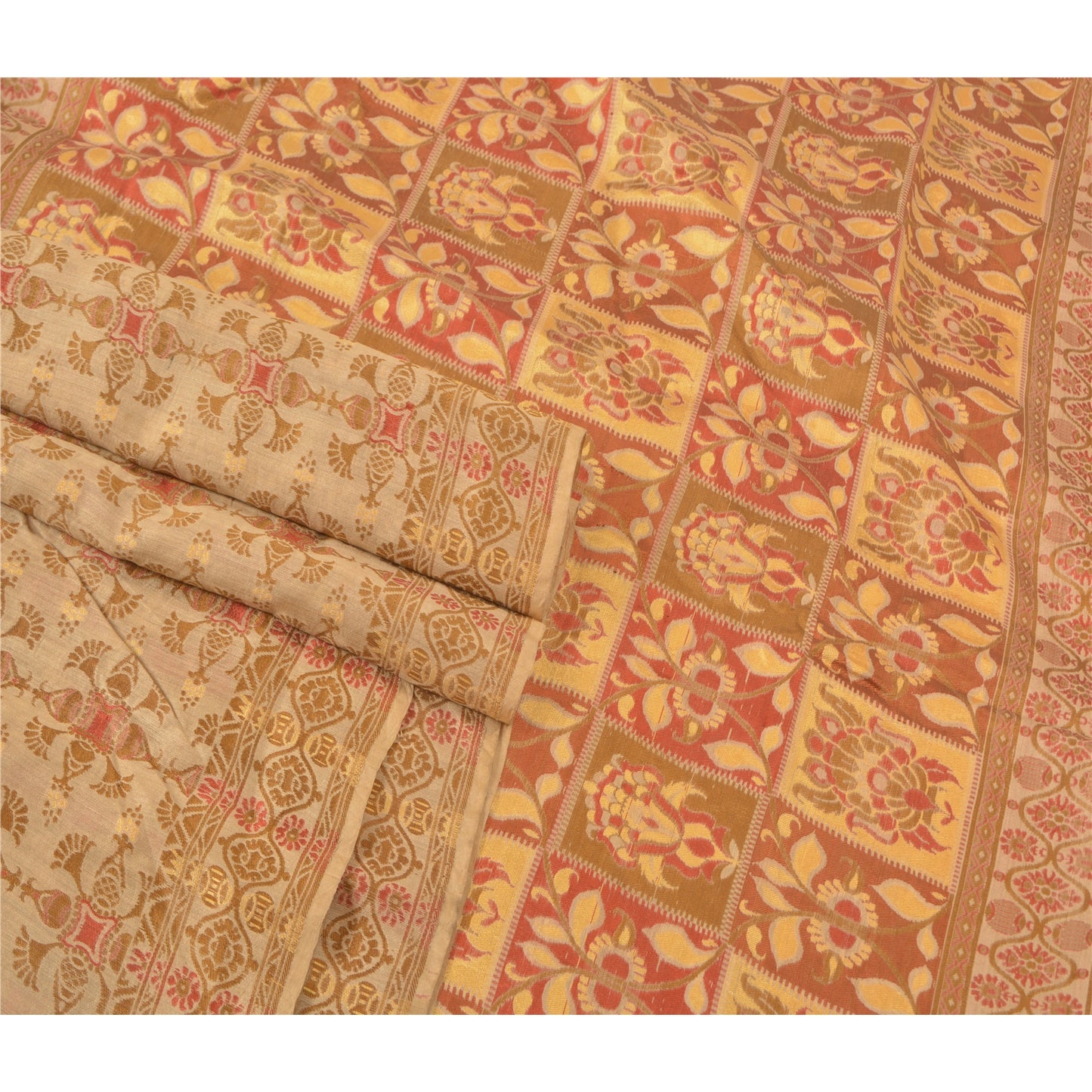 Sanskriti Vintage Cream Sarees 100% Pure Silk Woven Premium Sari Craft Sustainable Fabric