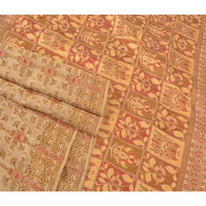 Sanskriti Vintage Cream Sarees 100% Pure Silk Woven Premium Sari Craft Sustainable Fabric