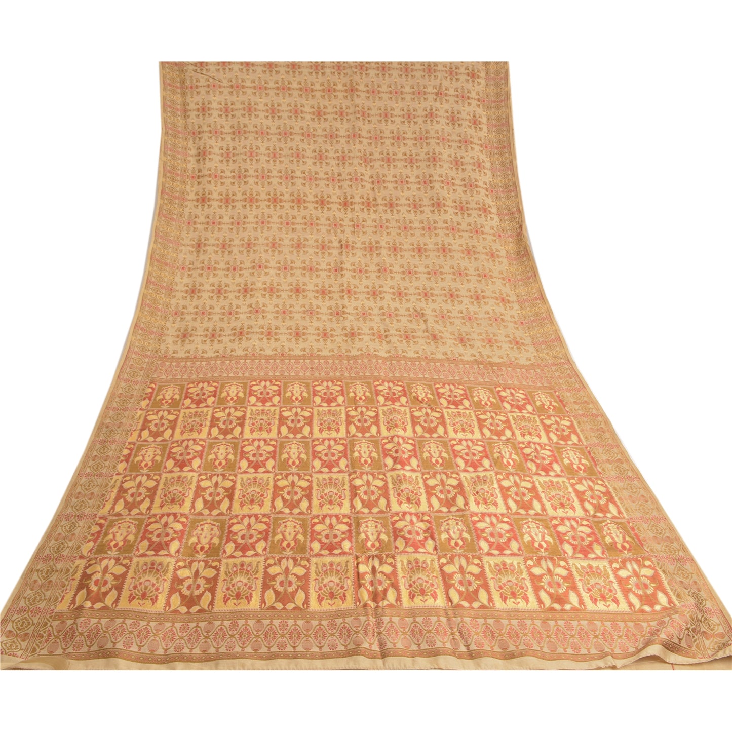 Sanskriti Vintage Cream Sarees 100% Pure Silk Woven Premium Sari Craft Sustainable Fabric