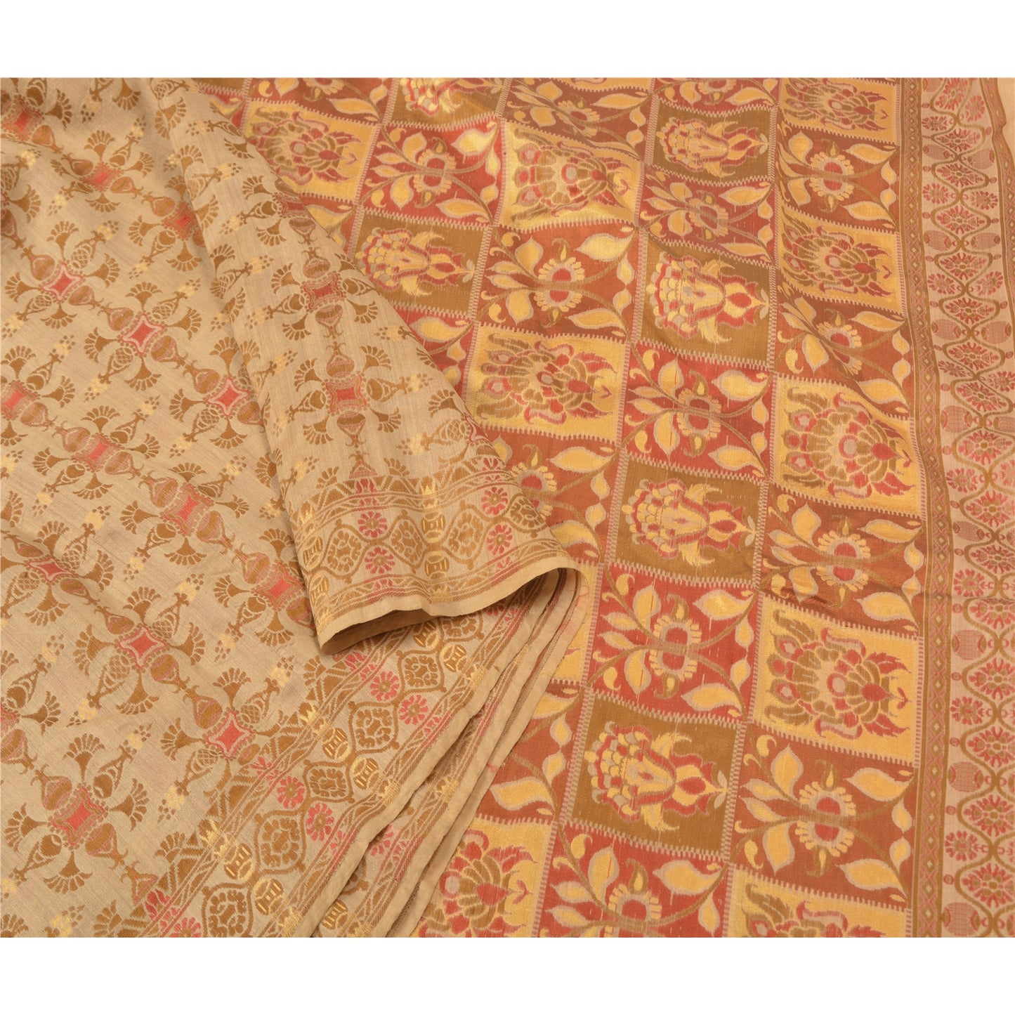 Sanskriti Vintage Cream Sarees 100% Pure Silk Woven Premium Sari Craft Sustainable Fabric