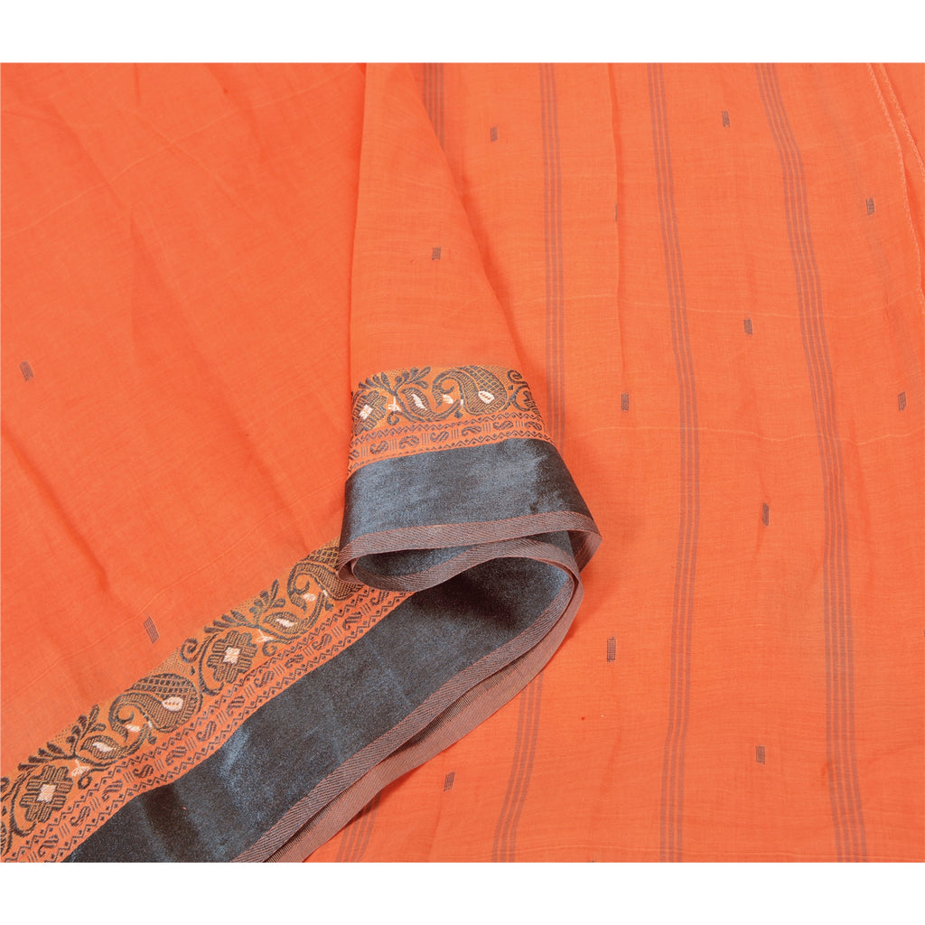 Sanskriti Vintage Peach Sarees 100% Pure Cotton Hand-Woven Tant Sari Sustainable Fabric