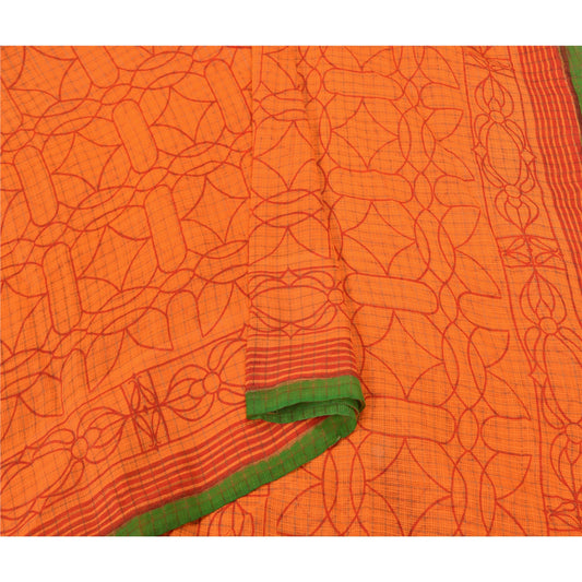 Sanskriti Vintage Orange Sarees Pure Cotton Printed Woven Kota Doria Sari Sustainable Fabric