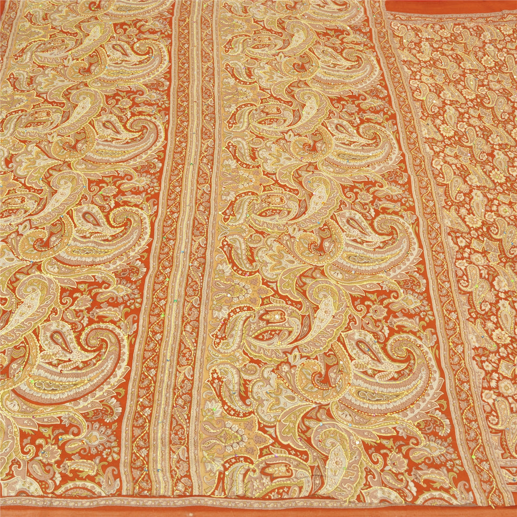 Sanskriti Vintage Orange Sarees Art Silk Hand Embroidered Kantha Sari Fabric