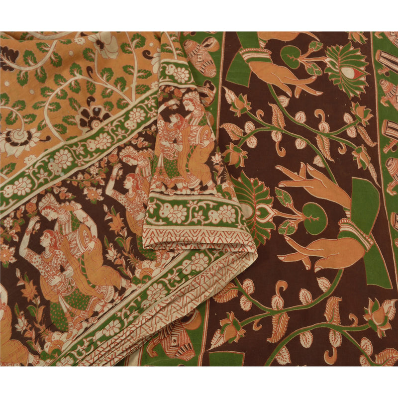 Sanskriti Vintage Brown Sarees 100% Pure Cotton Kalamkari Sari Craft Sustainable Fabric