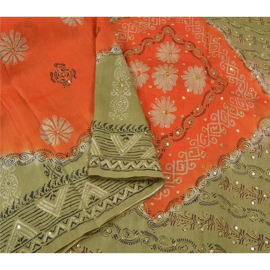 Sanskriti Vintage Olive Green Sarees 100% Pure Silk Hand Beaded Sari Sustainable Fabric