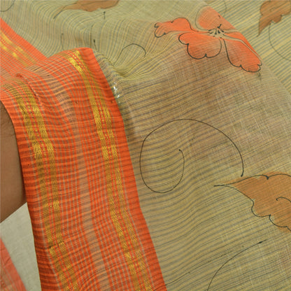 Sanskriti Vintage Cream Indian Sarees 100% Pure Cotton Printed Sari Craft Sustainable Fabric