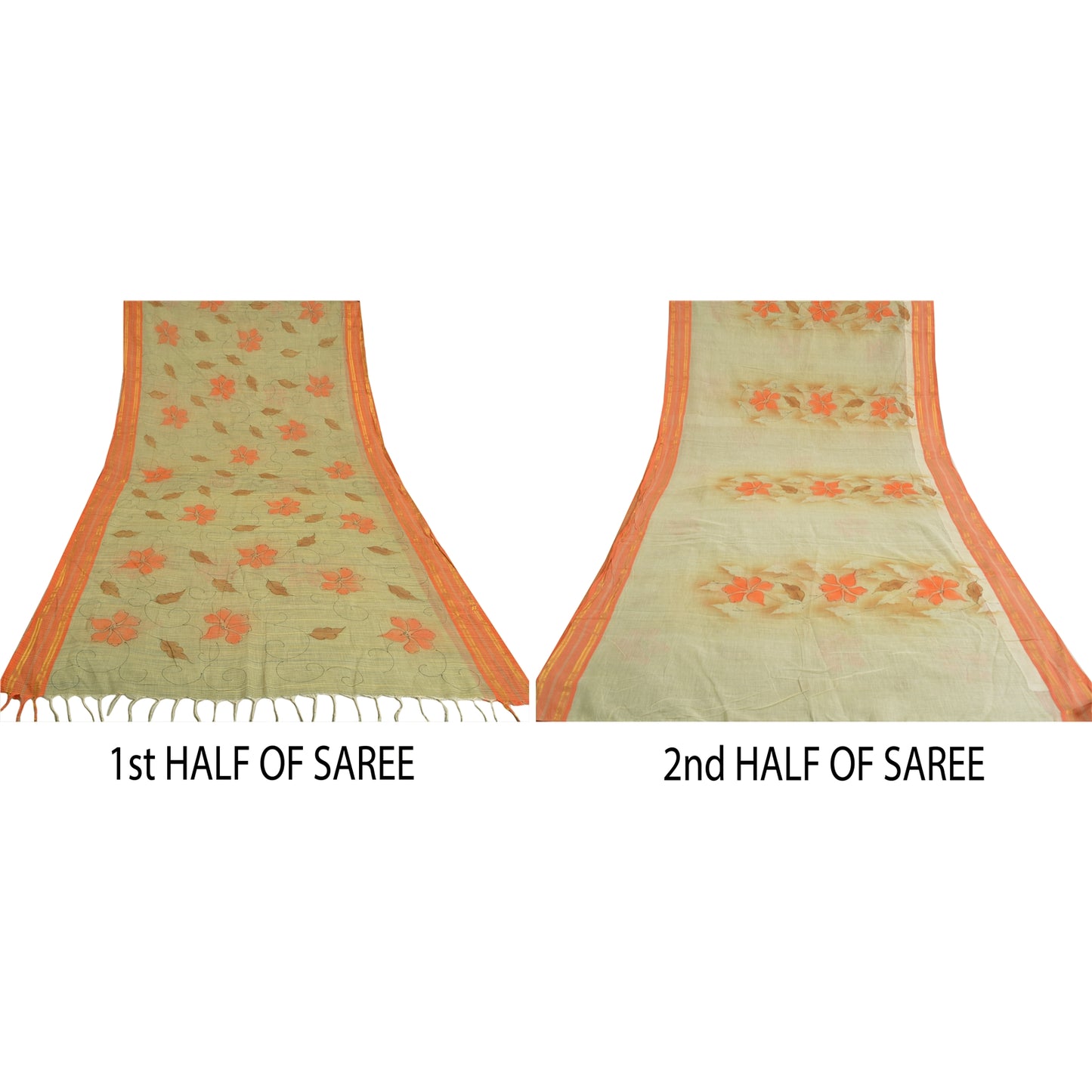 Sanskriti Vintage Cream Indian Sarees 100% Pure Cotton Printed Sari Craft Sustainable Fabric