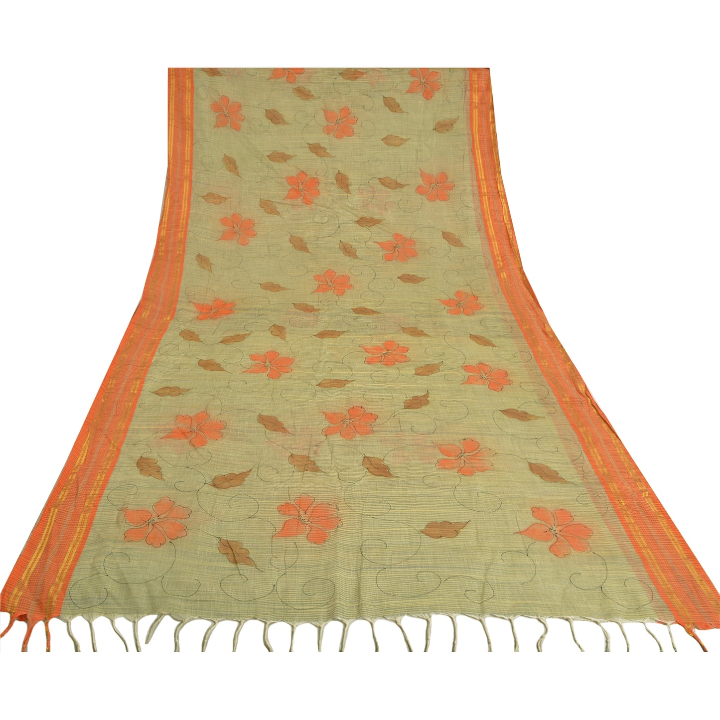 Sanskriti Vintage Cream Indian Sarees 100% Pure Cotton Printed Sari Craft Sustainable Fabric