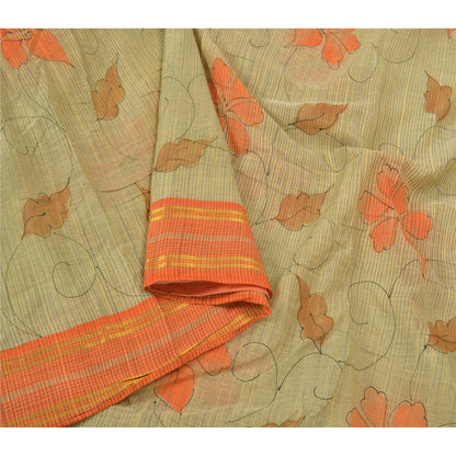 Sanskriti Vintage Cream Indian Sarees 100% Pure Cotton Printed Sari Craft Sustainable Fabric