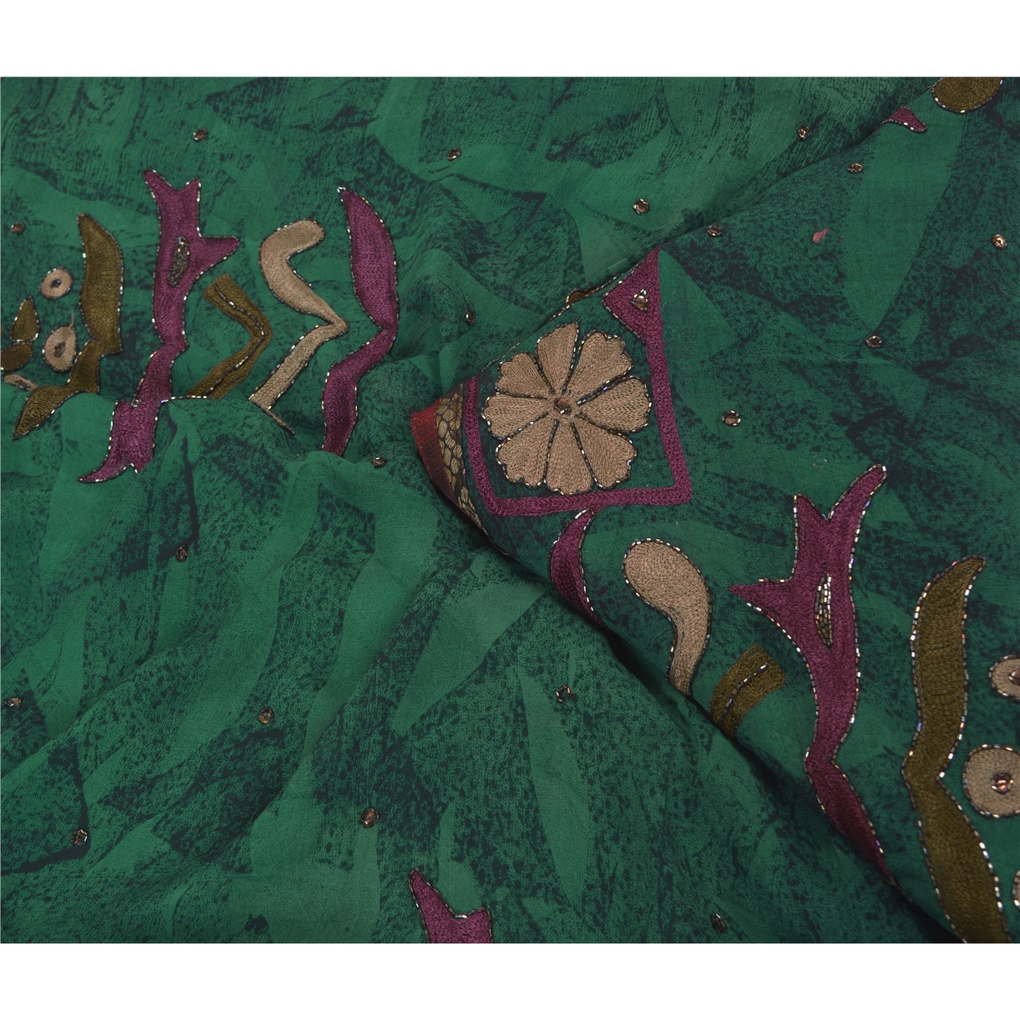 Санскритские винтажные зеленые сари из смеси жоржета, расшитые вручную бисером, этническое сари, устойчивая ткань