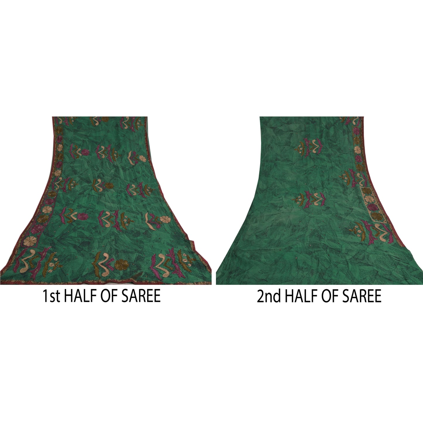 Санскритские винтажные зеленые сари из смеси жоржета, расшитые вручную бисером, этническое сари, устойчивая ткань