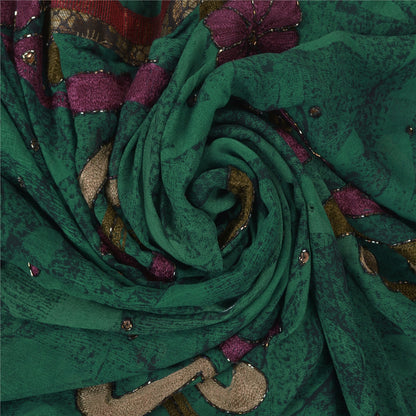 Санскритские винтажные зеленые сари из смеси жоржета, расшитые вручную бисером, этническое сари, устойчивая ткань