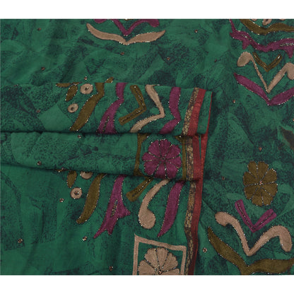 Санскритские винтажные зеленые сари из смеси жоржета, расшитые вручную бисером, этническое сари, устойчивая ткань