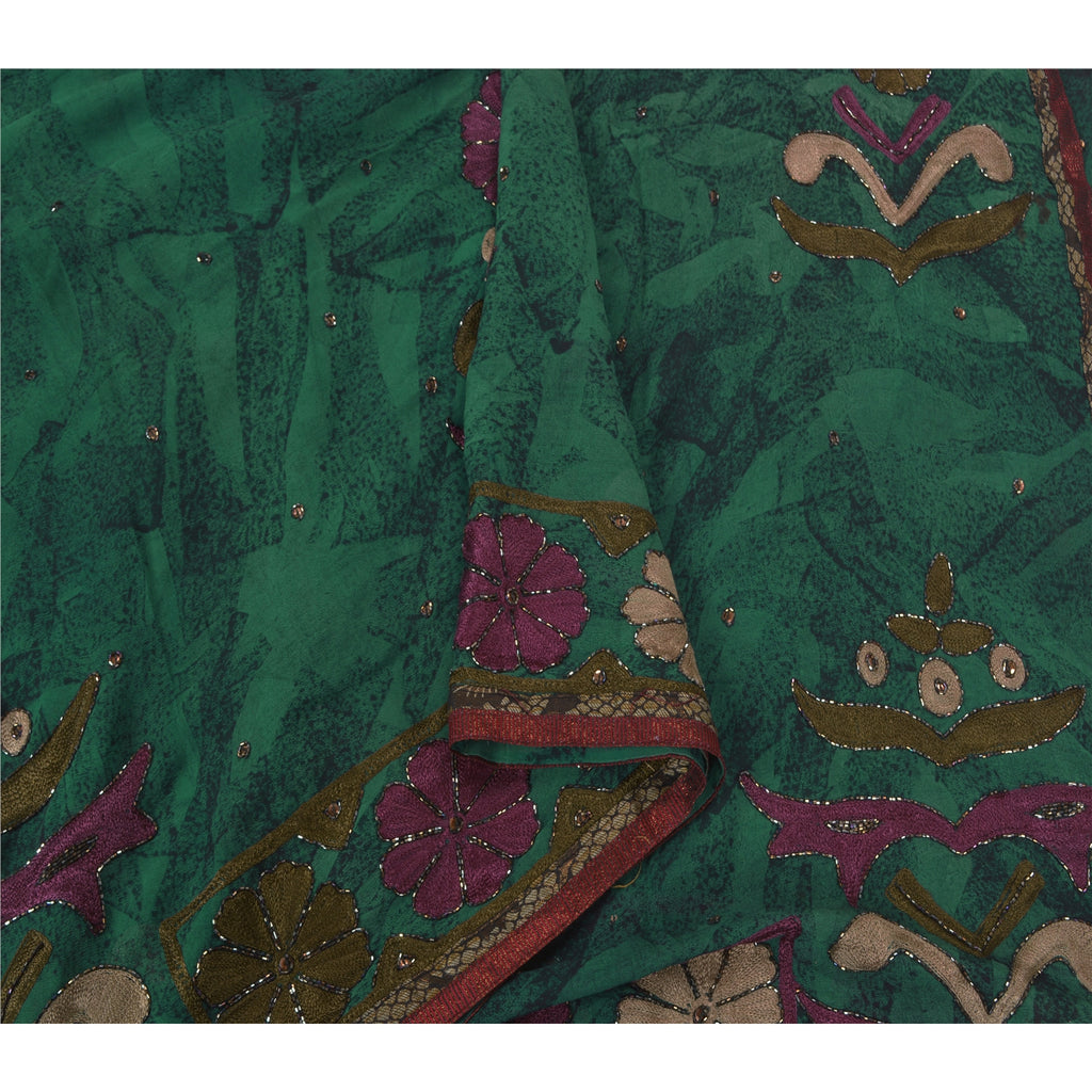 Санскритские винтажные зеленые сари из смеси жоржета, расшитые вручную бисером, этническое сари, устойчивая ткань