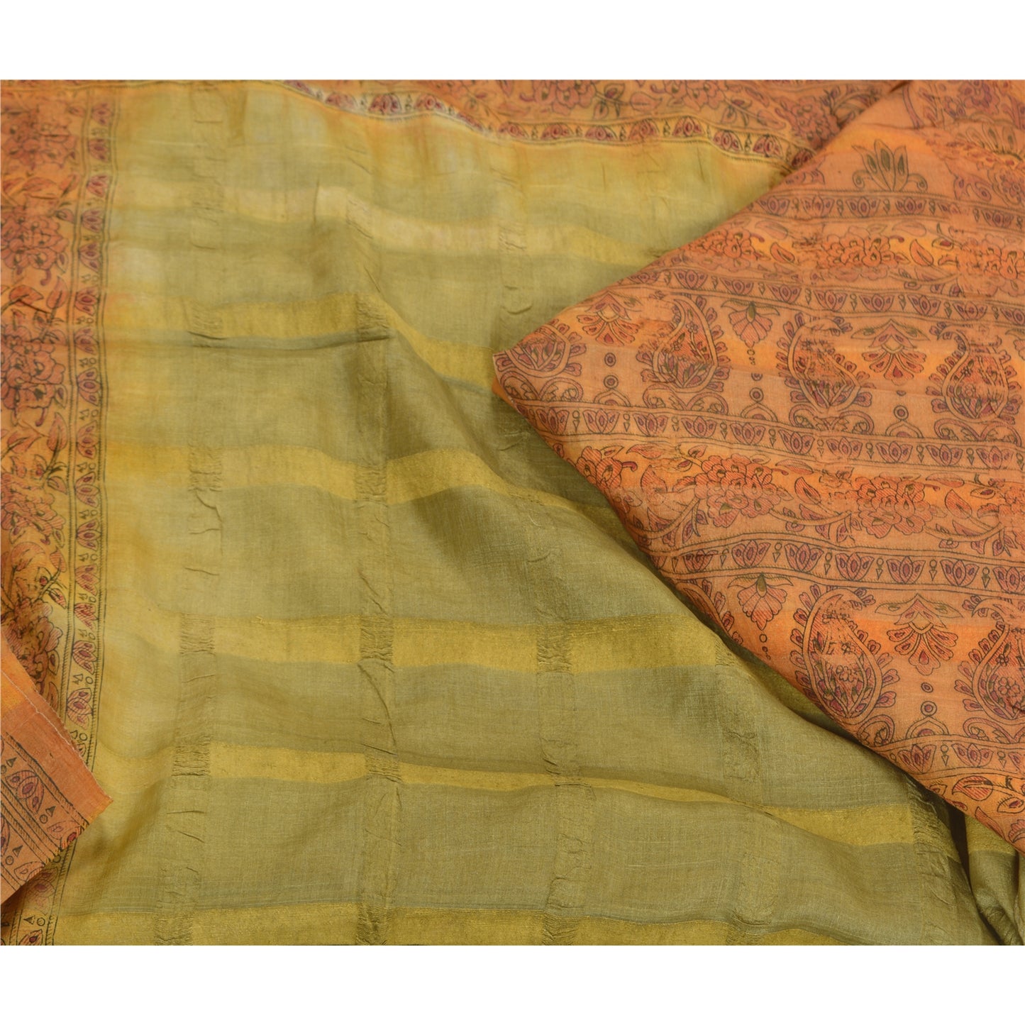 Sanskriti Vintage Green Indian Sarees 100% Pure Silk Printed Sari Craft Sustainable Fabric