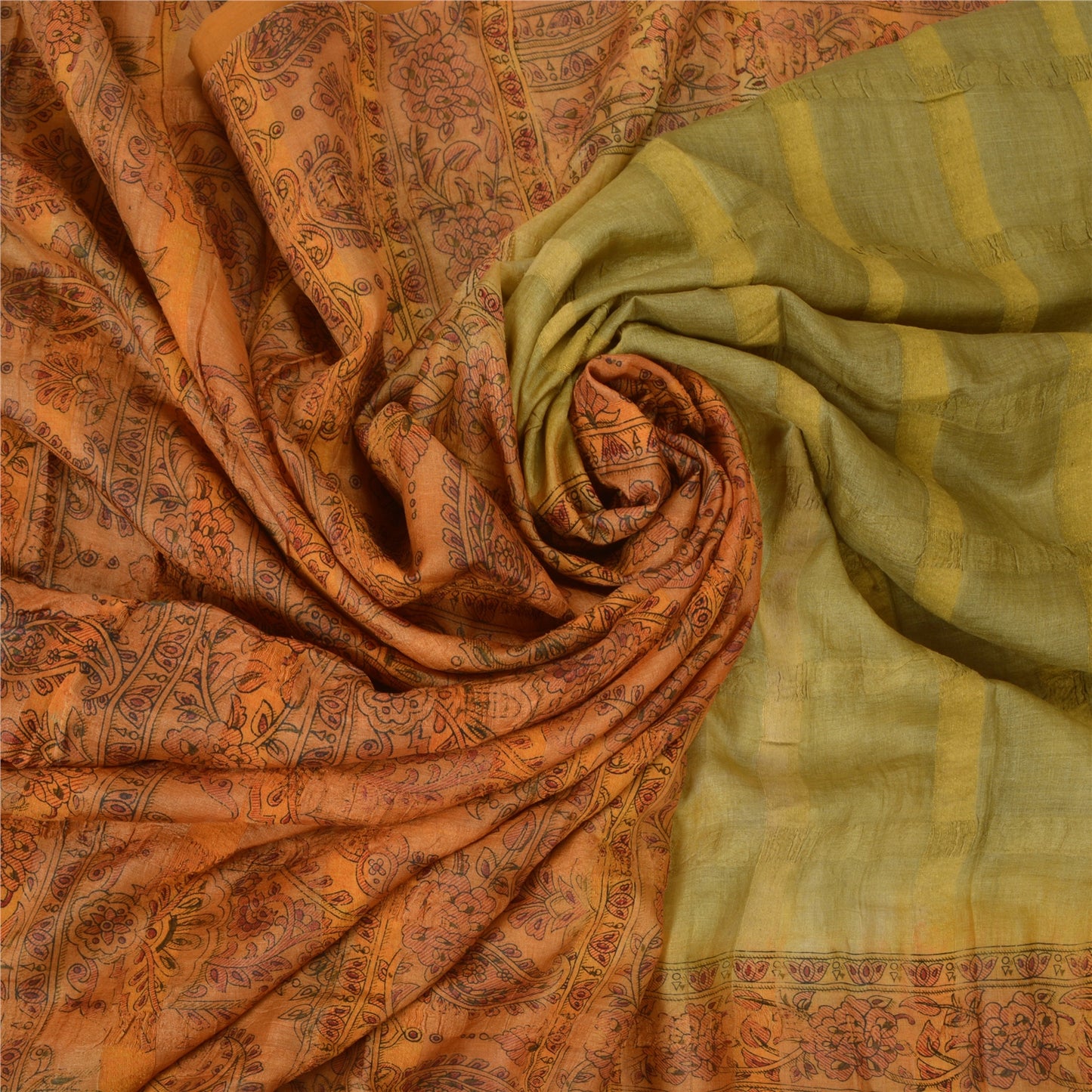 Sanskriti Vintage Green Indian Sarees 100% Pure Silk Printed Sari Craft Sustainable Fabric