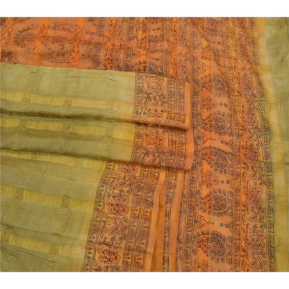 Sanskriti Vintage Green Indian Sarees 100% Pure Silk Printed Sari Craft Sustainable Fabric