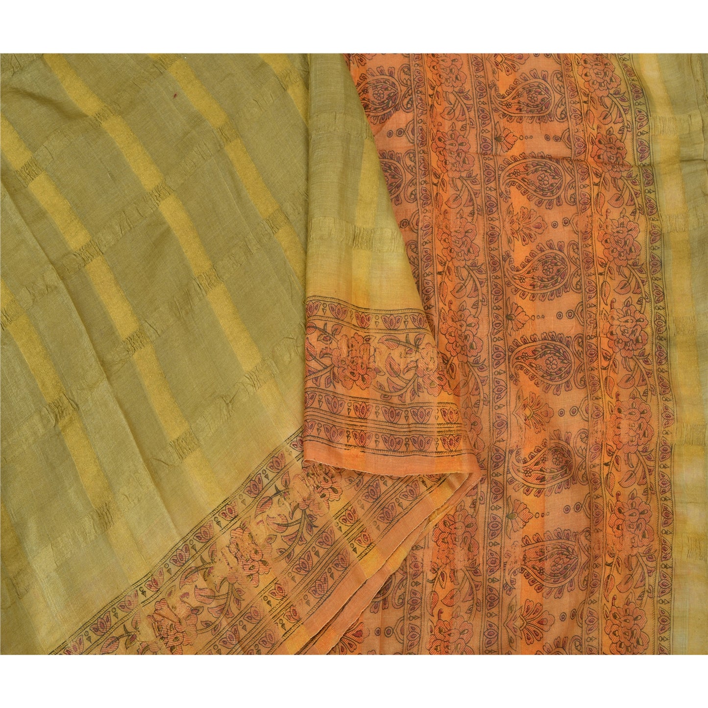 Sanskriti Vintage Green Indian Sarees 100% Pure Silk Printed Sari Craft Sustainable Fabric