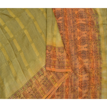 Sanskriti Vintage Green Indian Sarees 100% Pure Silk Printed Sari Craft Sustainable Fabric