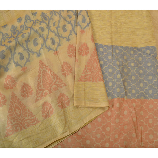 Sanskriti Vintage Cream Indian Sarees 100% Pure Silk Woven Sari Craft Sustainable Fabric