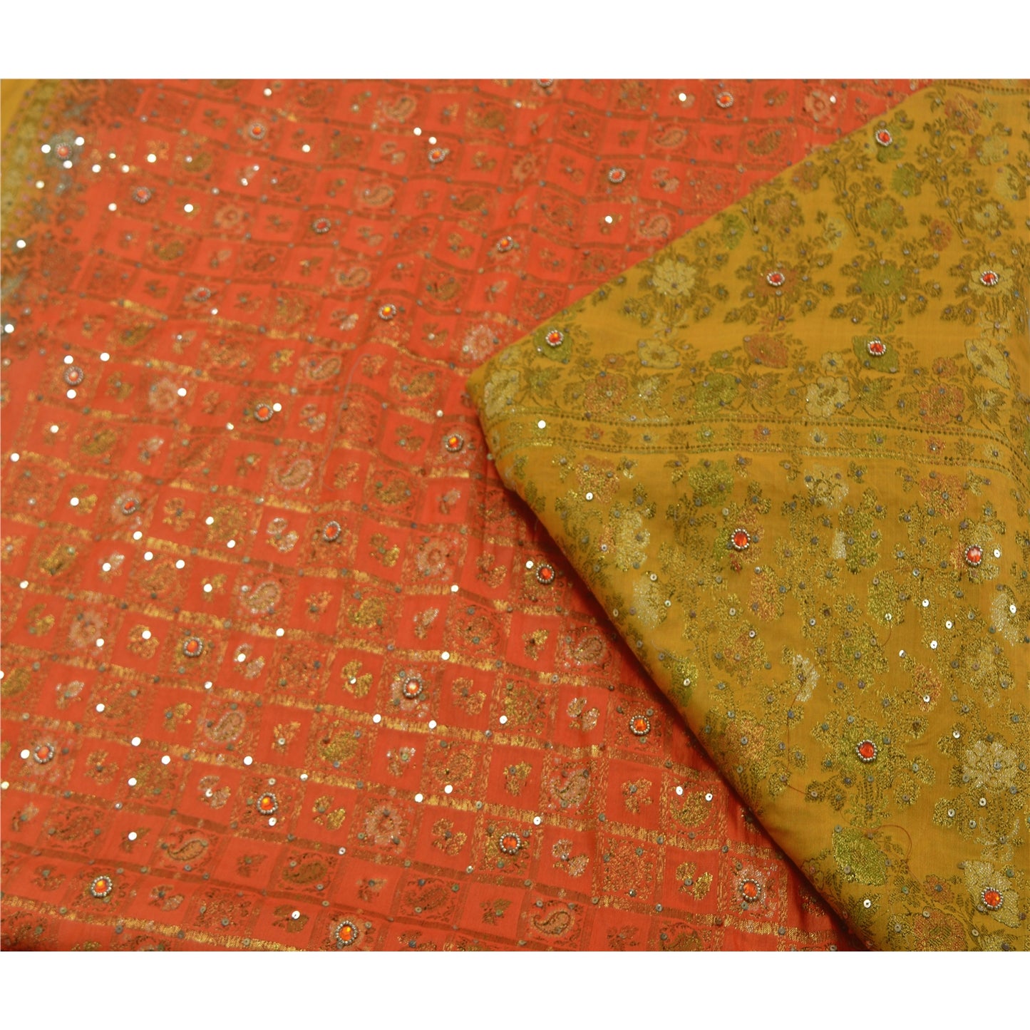 Sanskriti Vintage Orange Sarees Pure Silk Hand Beaded Woven Sari Craft Sustainable Fabric