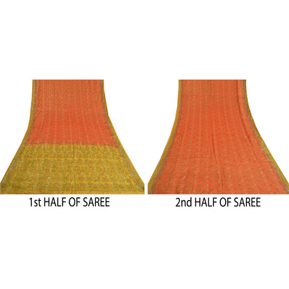 Sanskriti Vintage Orange Sarees Pure Silk Hand Beaded Woven Sari Craft Sustainable Fabric