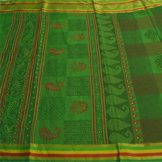 Sanskriti Vintage Green Indian Sarees Cotton Painted Woven Kota Sari Sustainable Fabric