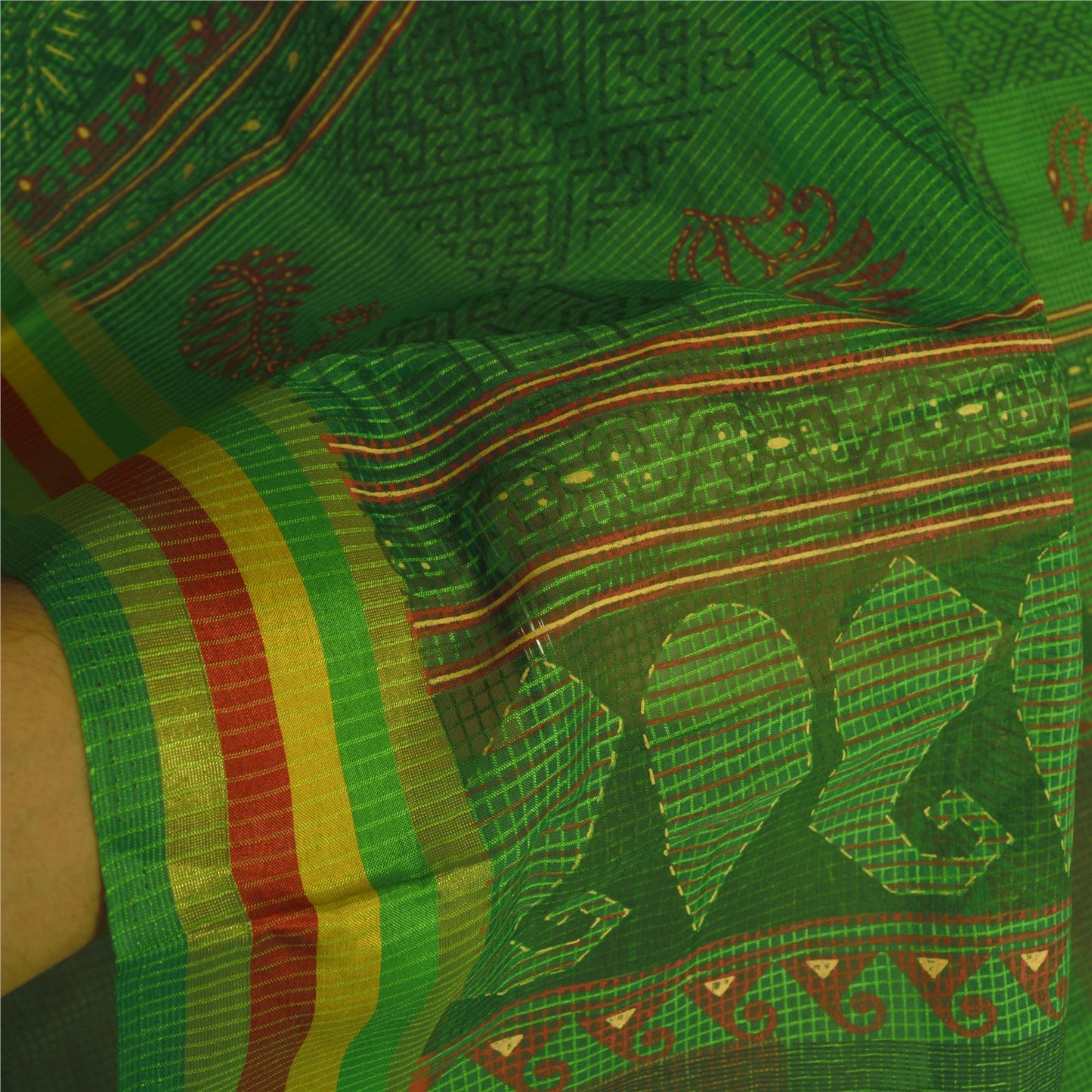 Sanskriti Vintage Grønne Indiske Sarees Bomuld Malet Vævet Kota Sari Bæredygtigt Stof