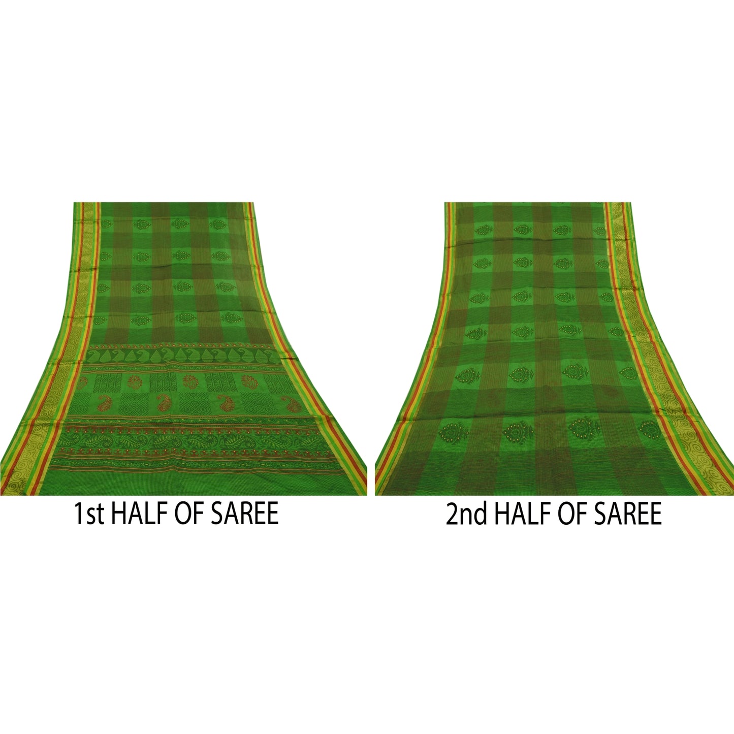 Sanskriti Vintage Grønne Indiske Sarees Bomuld Malet Vævet Kota Sari Bæredygtigt Stof