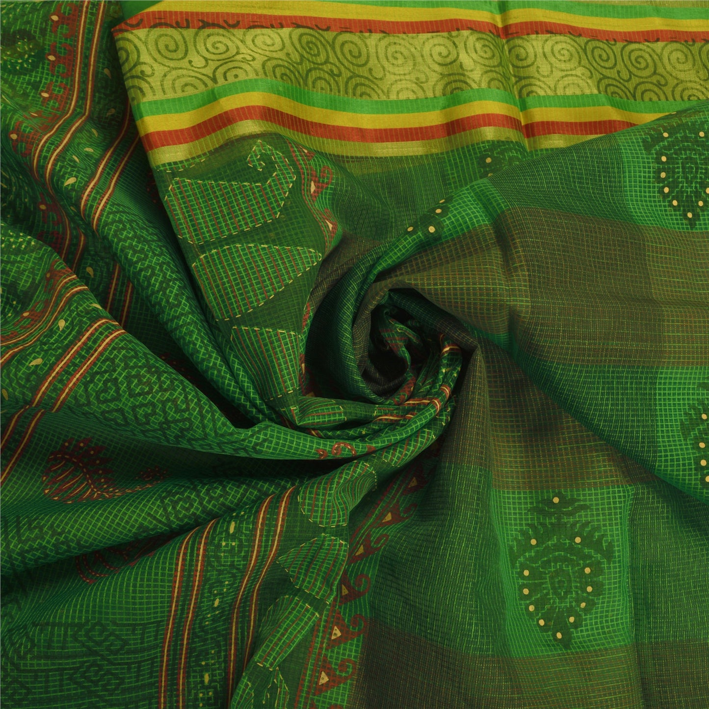 Sanskriti Vintage Grønne Indiske Sarees Bomuld Malet Vævet Kota Sari Bæredygtigt Stof