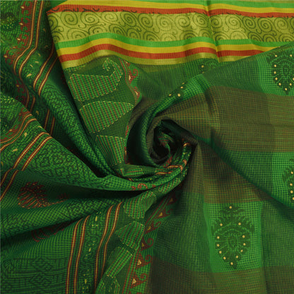 Sanskriti Vintage Grønne Indiske Sarees Bomuld Malet Vævet Kota Sari Bæredygtigt Stof