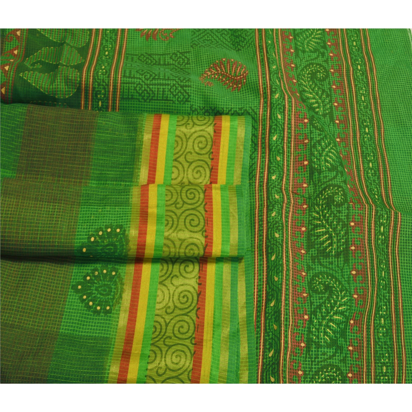 Sanskriti Vintage Grønne Indiske Sarees Bomuld Malet Vævet Kota Sari Bæredygtigt Stof